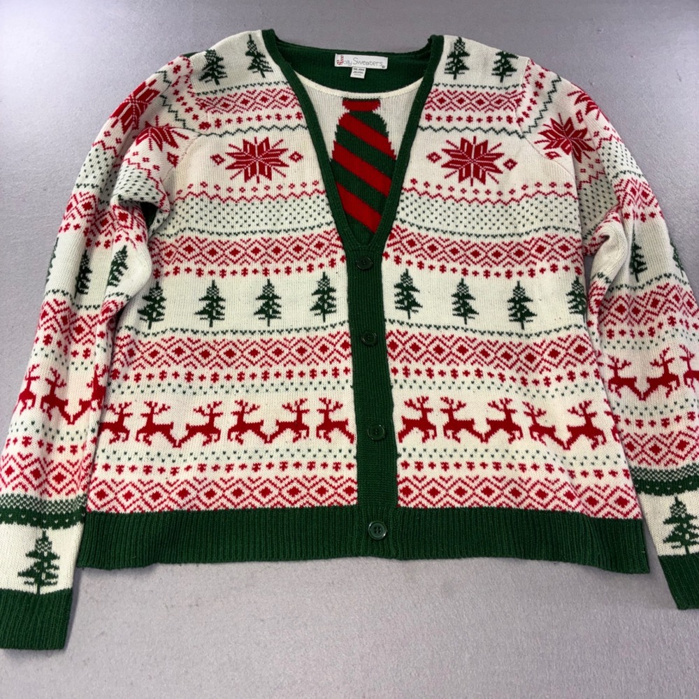 Jolly Sweaters Cardigan XXL Green Fair Isle Reindeer Faux Tie Ugly Christmas